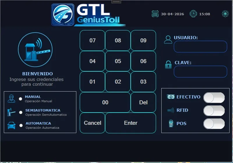 Pantalla del módulo Genius Toll de la Suite de Peaje con la operación de una vía