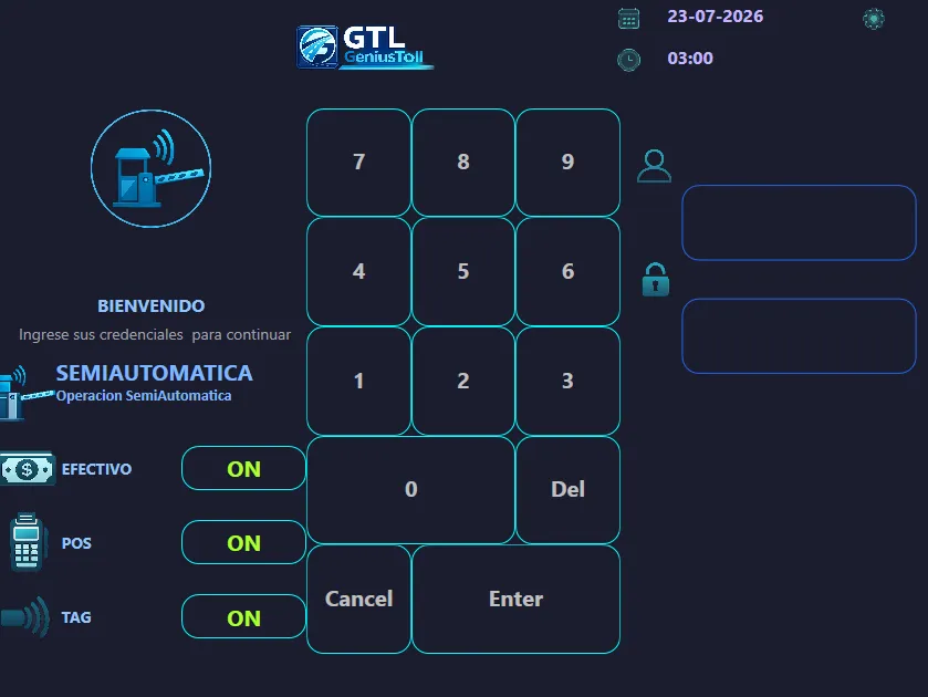 Pantalla de inicio de sesión de GeniusToll (GTL) en operación semiautomática, con medios de pago habilitados